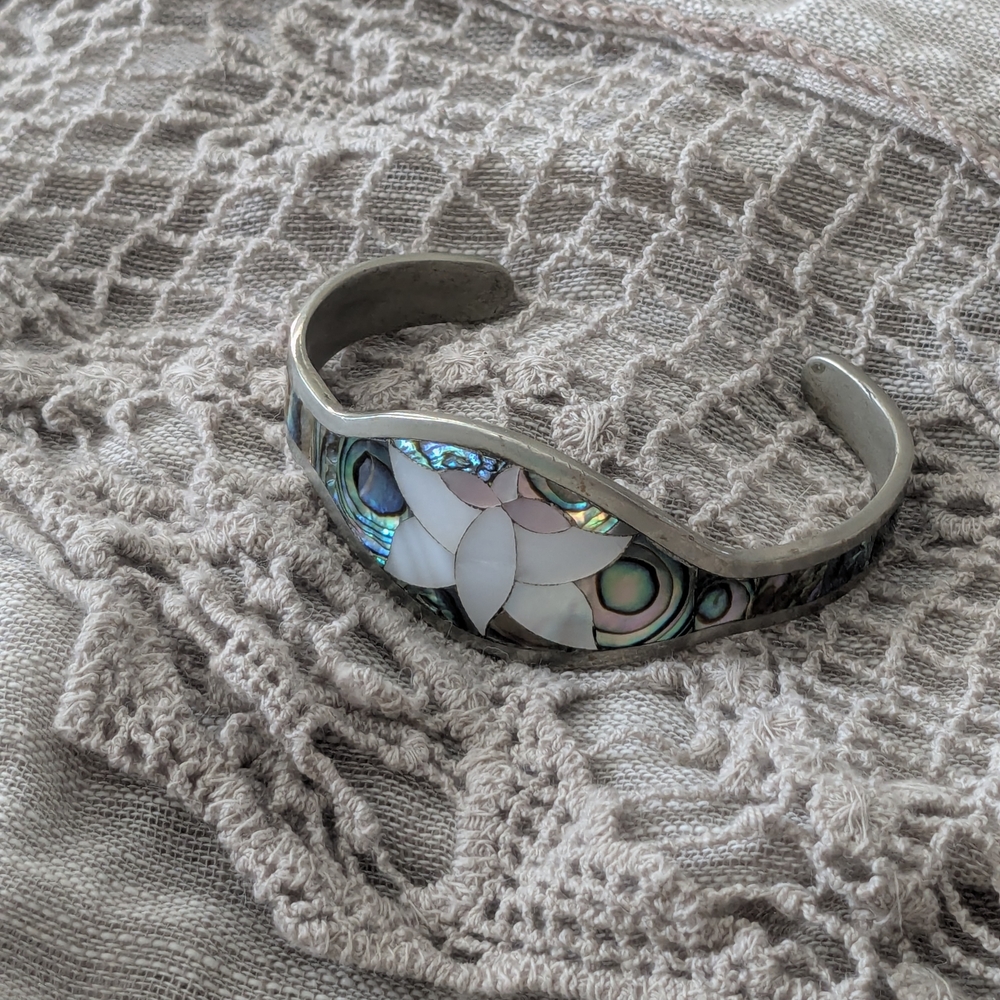 Silver Cuff Bracelet with Mother of Pearl Inlay